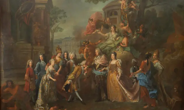 Max Emanuel Herzog in Bayern, umgeben von Adeligen und allegorischen Figuren, in einer prunkvollen Szene vor einem Schloss.
