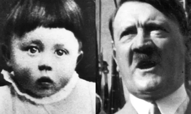 Links ein Baby, rechts ein Erwachsener mit Schnurrbart. Die Bilder zeigen die Entwicklung von Adolf Hitler von seiner Geburt bis zu seinem Erwachsenenalter.
