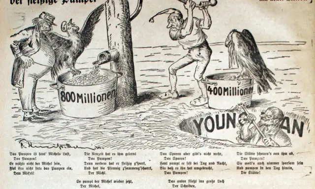 Ein Mann pumpt Geld in Eimer, 800 und 400 Millionen. Ein junger Plan, der Michel, pumpt unaufhörlich.