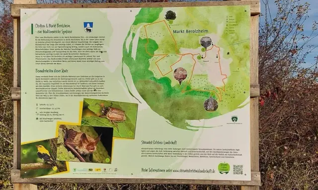 Karte des Obstbau- und Streuobst-Erlebnis-Landschafts-Weges in Markt Berolzheim mit Infos zu Flora, Fauna und Route.