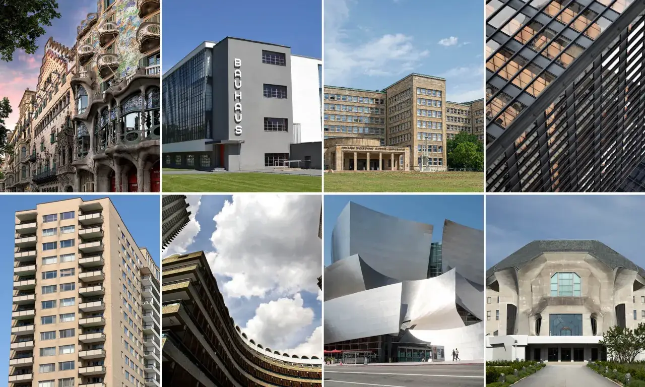 Collage zeigt verschiedene architektonische Stile, darunter Jugendstil und Bauhaus-Architektur der 1920er Jahre.