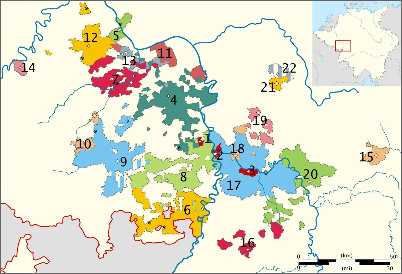 Karte zeigt die Gebiete der Kurpfalz, die sich &uuml;ber mehrere Regionen erstrecken.