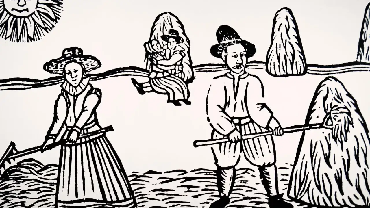 Holzschnitt zeigt landwirtschaft im mittelalter: Frau mit Rechen, Mann mit Heugabel, Mutter mit Kind auf Heuhaufen. Sonne scheint.