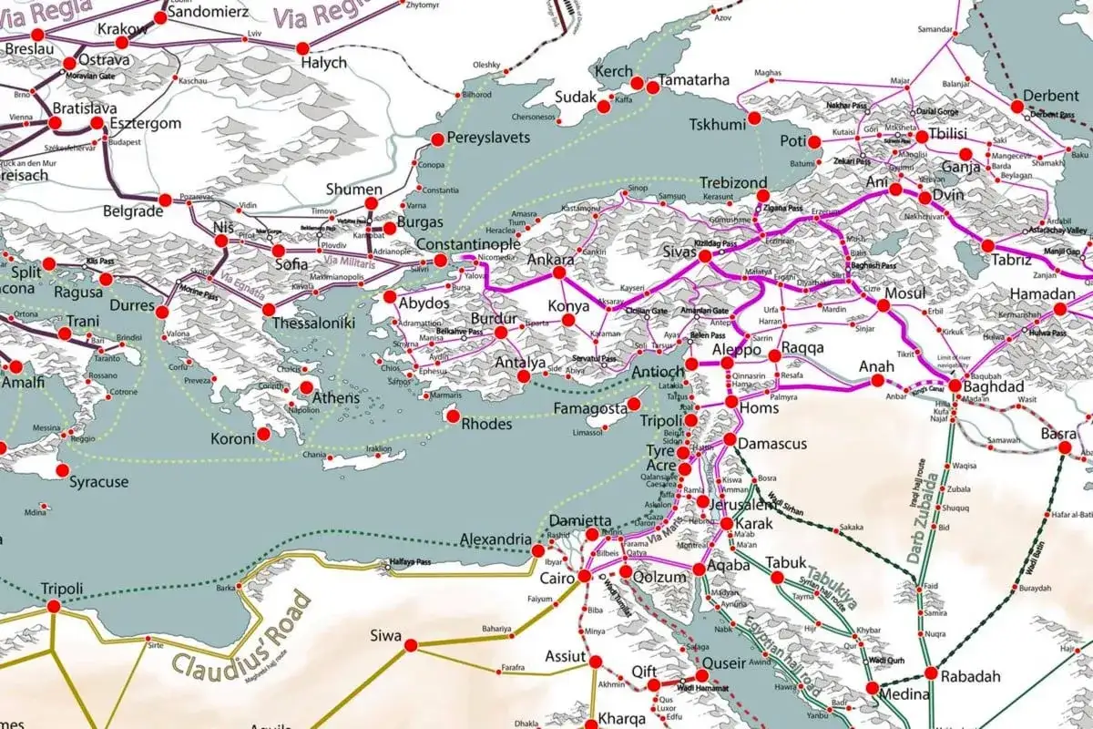 Karte mit Handelsrouten im Mittelalter: Via Regia, Via Egnatia, Claudius' Road und mehr. Zeigt St&auml;dte wie Konstantinopel, Alexandria, Bagdad.