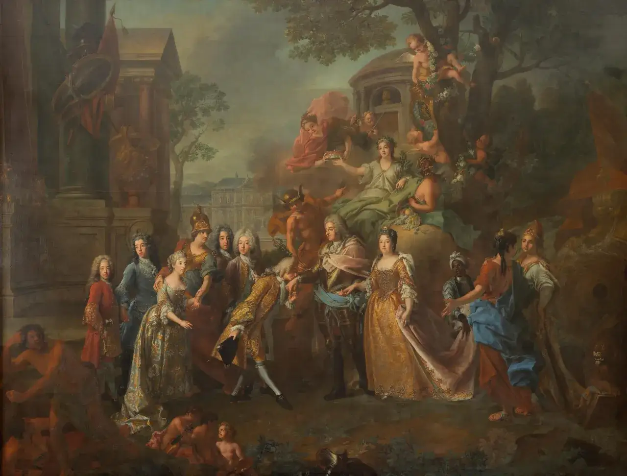 Allegorie auf die Herrschaft von Maximilian II. Emanuel. Eine Gruppe von Figuren, darunter eine Frau mit Krone, wird von Putten umgeben.