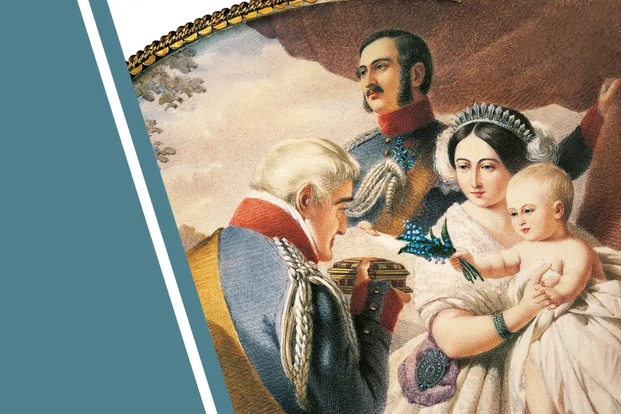 Victoria von Gro&szlig;britannien und Irland mit Familie. Ein Mann &uuml;berreicht ihr eine Schatulle, Prinz Albert und ein Kind sind zu sehen.