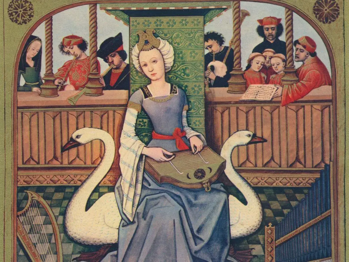 Eine Dame im mittelalterlichen Gewand spielt auf einer Leier, umgeben von Musikern und Schwänen. Ein Bild, das an Minnesang erinnert.