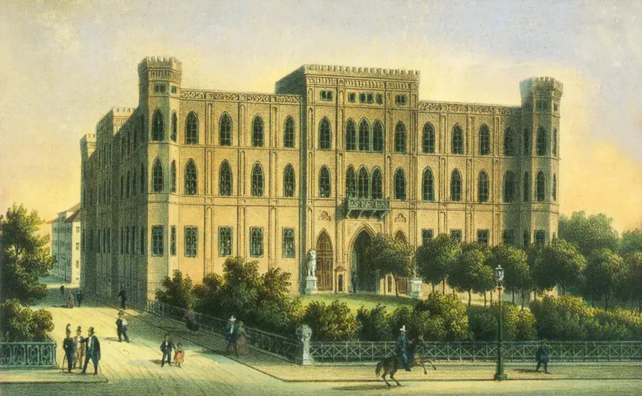 Das Neue Schloss in Stuttgart, erbaut unter Maximilian II. Joseph, mit Menschen und B&auml;umen davor.