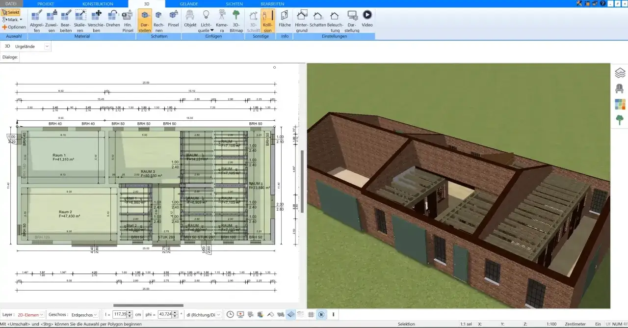 Grundriss eines alten Bauernhauses mit detaillierten Raumaufteilungen und Maßen, daneben eine 3D-Ansicht des Gebäudes.