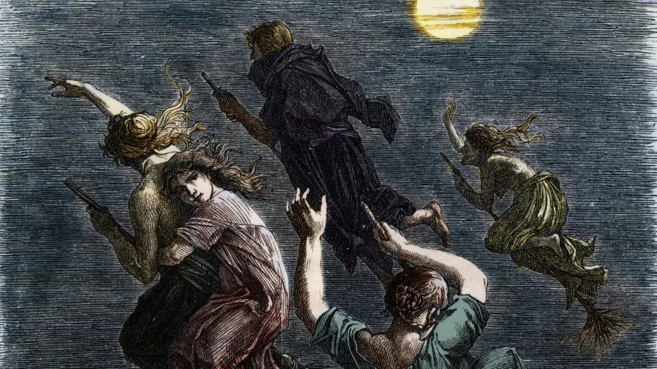 Mittelalter hexen fliegen auf Besen durch die Nacht unter dem Mond. Eine Hexe reitet hoch, während andere sich aneinander klammern.