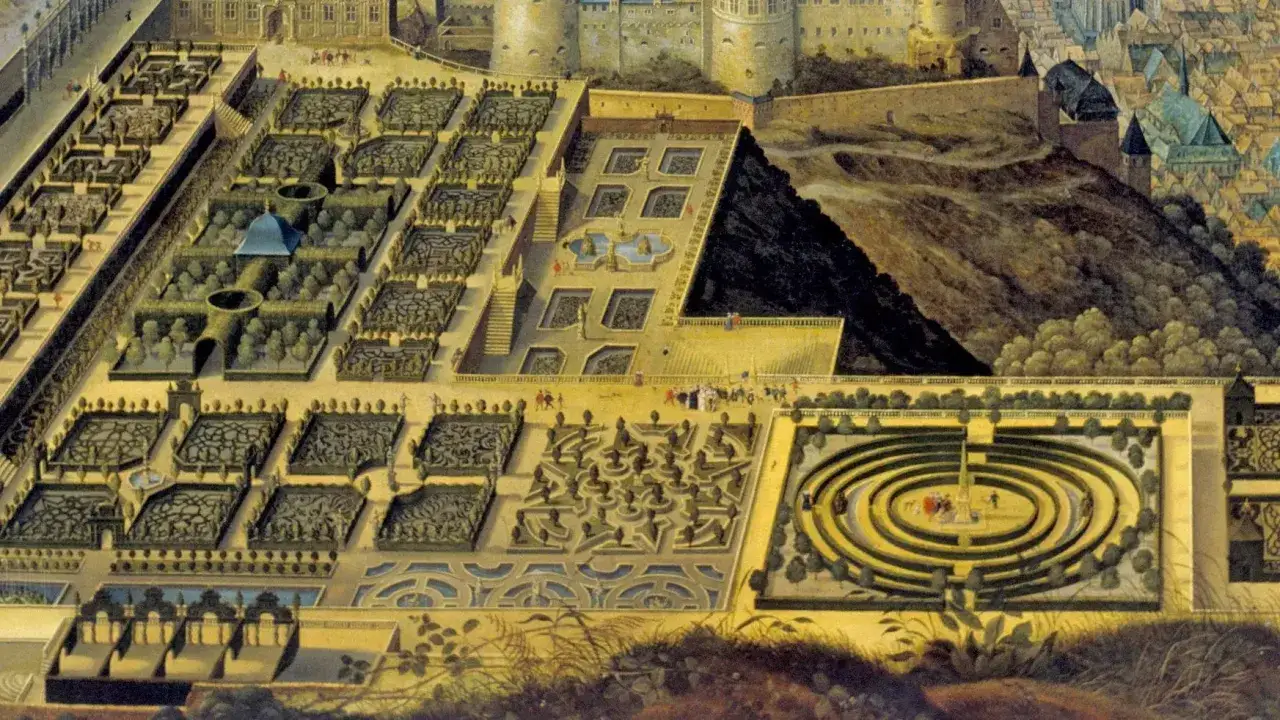 Barocke Gartenanlage mit geometrischen Beeten, Brunnen und einem Labyrinth. Friedrich V. könnte hier spazieren gehen.