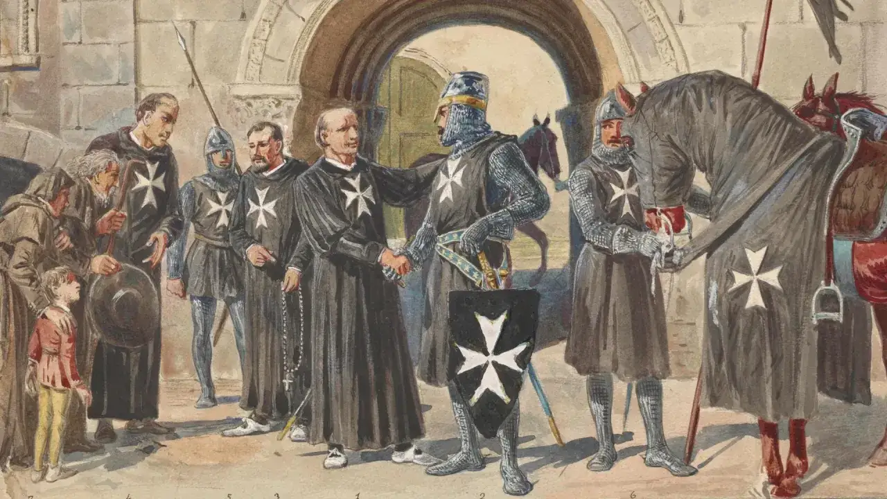 Malteser Ritter im Kampf und im Gebet. Ein Ritter sch&uuml;ttelt einem M&ouml;nch die Hand, w&auml;hrend andere Ritter und M&ouml;nche zuschauen.