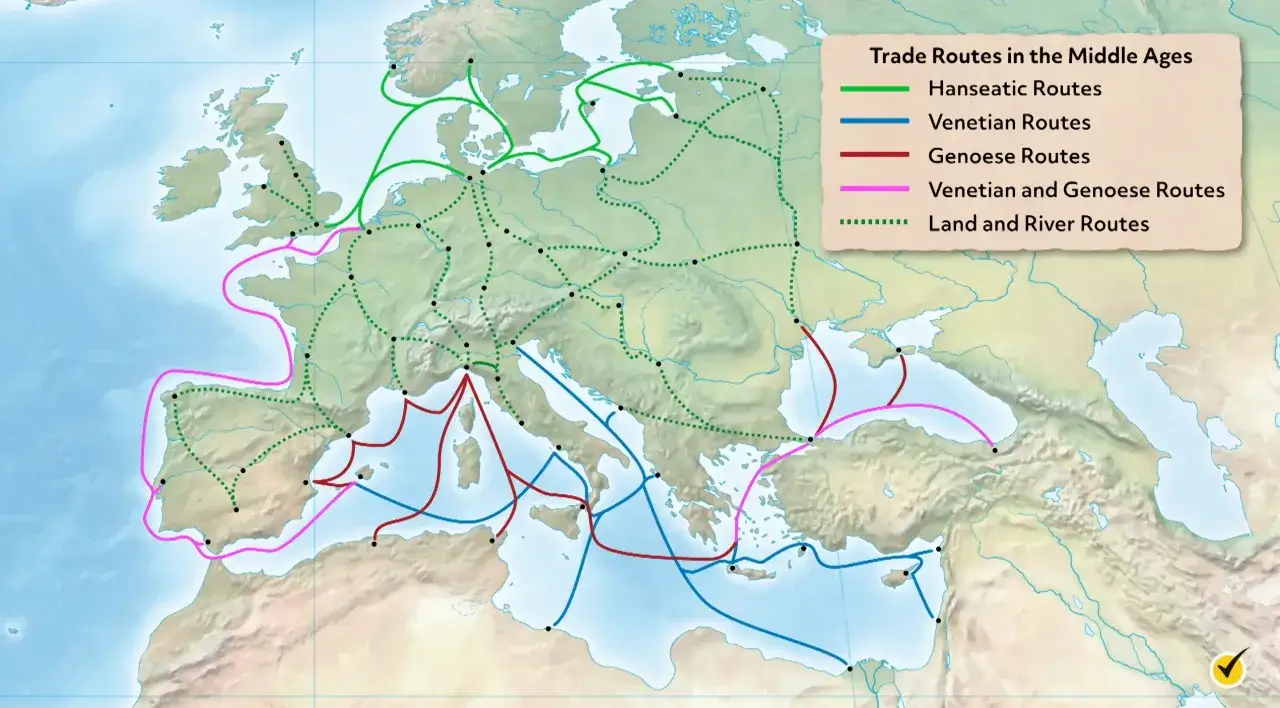 Karte zeigt Handelsrouten im Mittelalter: Hanse, Venedig, Genua und Landwege.