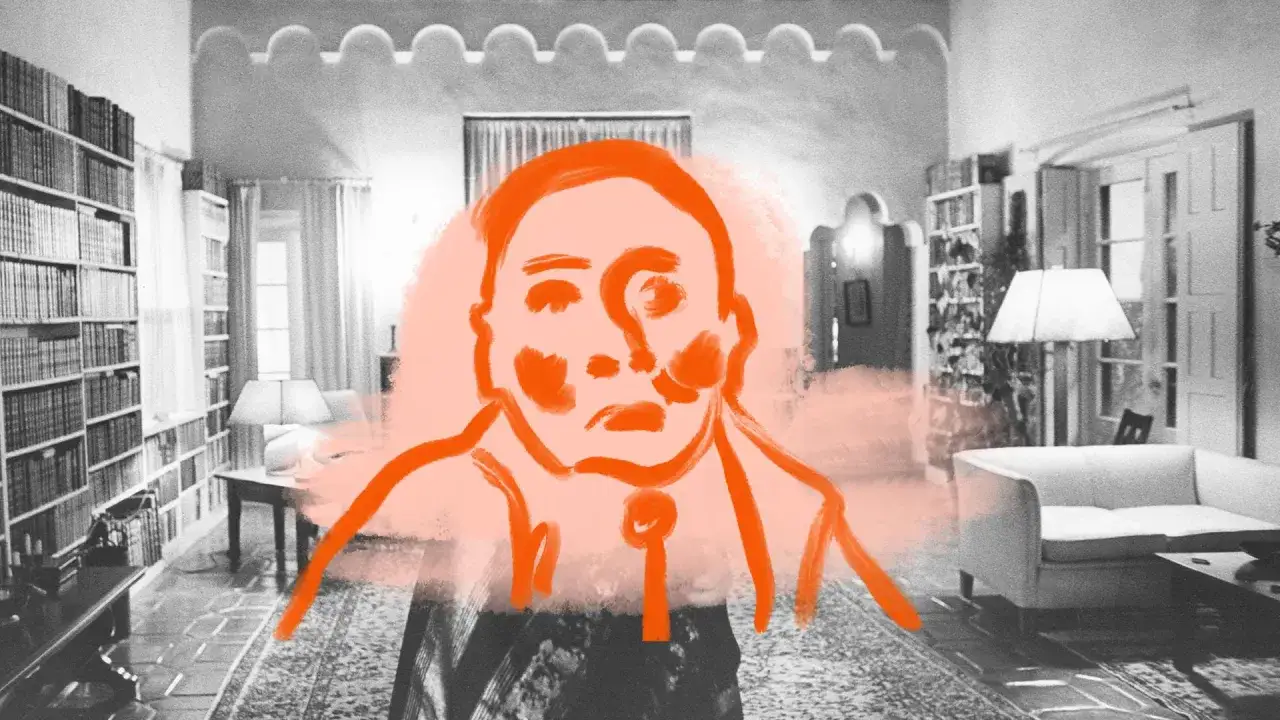 Marta Feuchtwanger, eine k&uuml;nstlerische Darstellung einer Frau vor einem B&uuml;cherregal und einem Wohnzimmer.