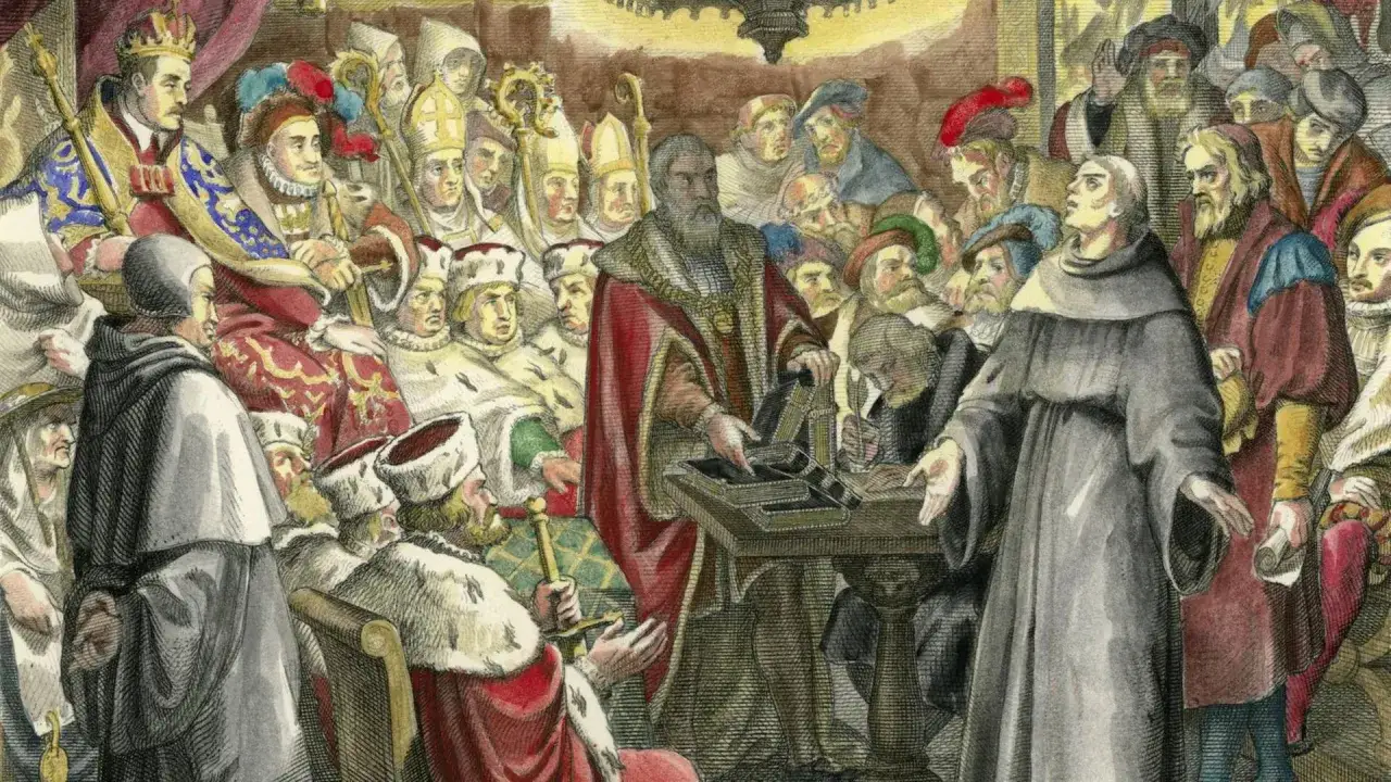 Eine Versammlung von Geistlichen und Adeligen, die auf eine Rede eines Mönchs lauschen. Ein Moment, der den Beginn des ewigen Landfriedens markiert.