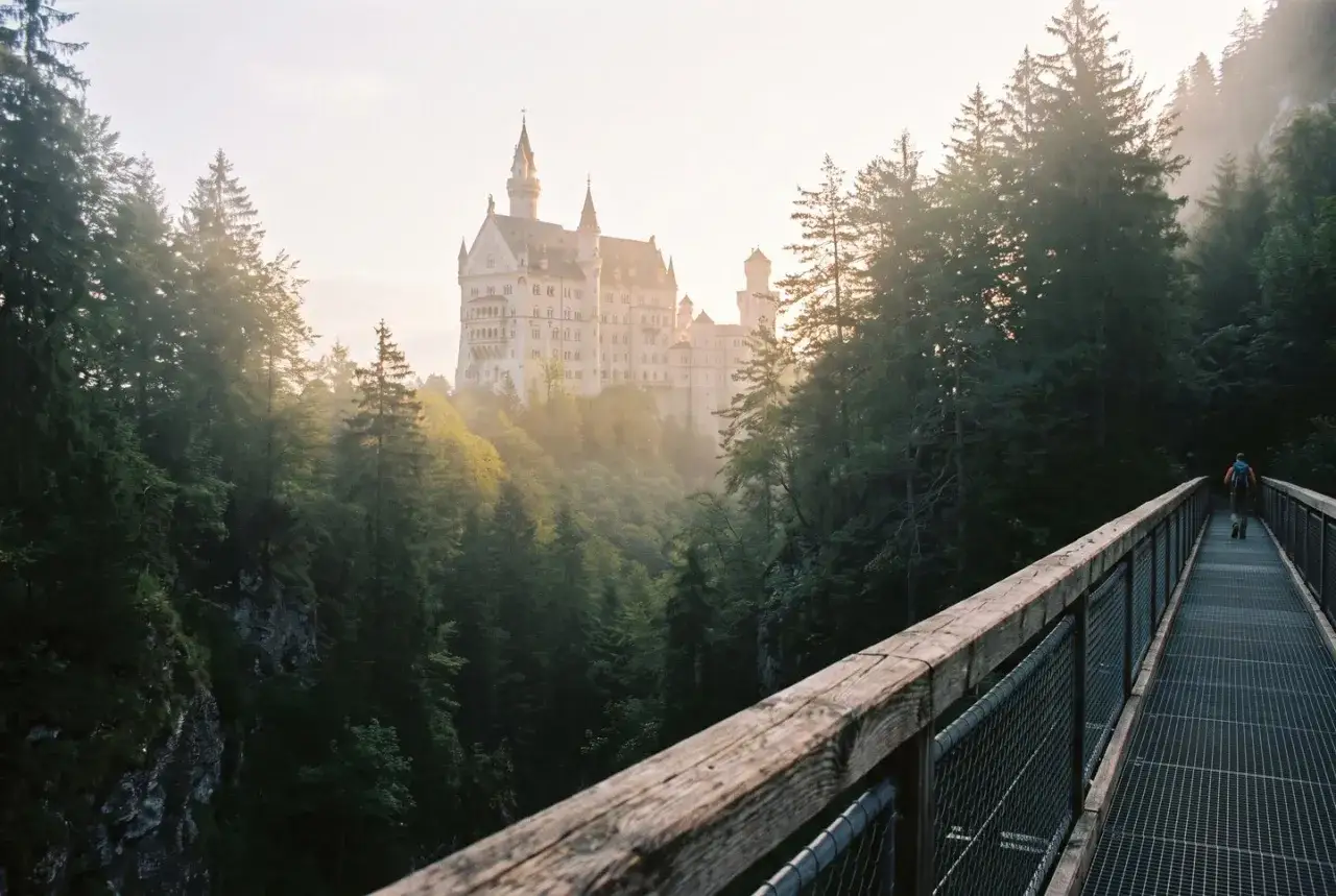 Malerische Aussicht auf Schloss Neuschwanstein, umgeben von einem nebligen Wald. Ein Wanderer geht über eine Brücke.