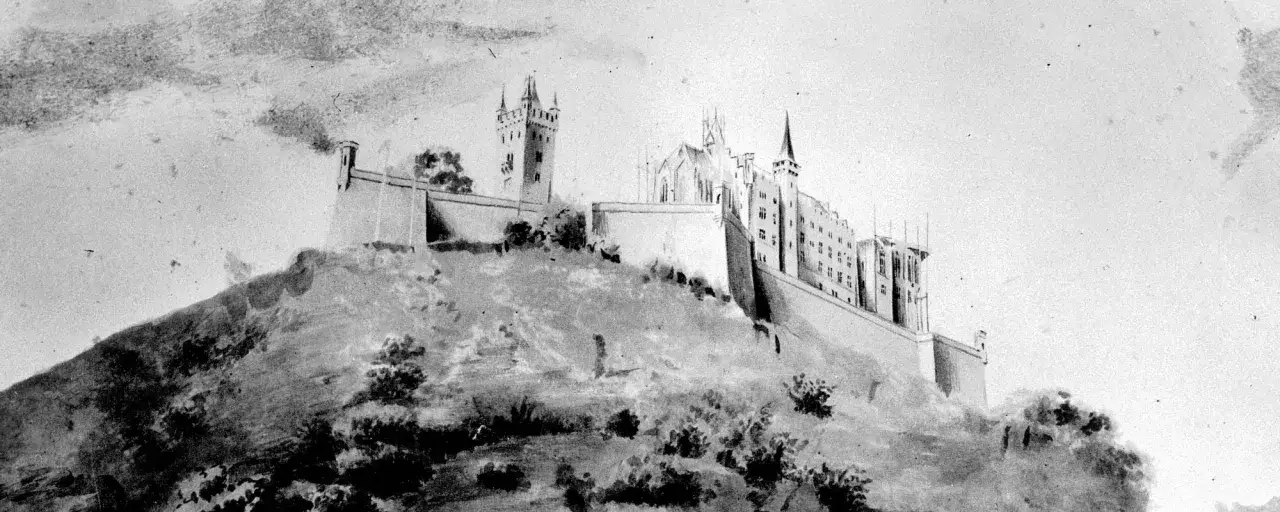 Zeichnung einer Burg auf einem Hügel, die an die Hohenzollern Familie erinnert.