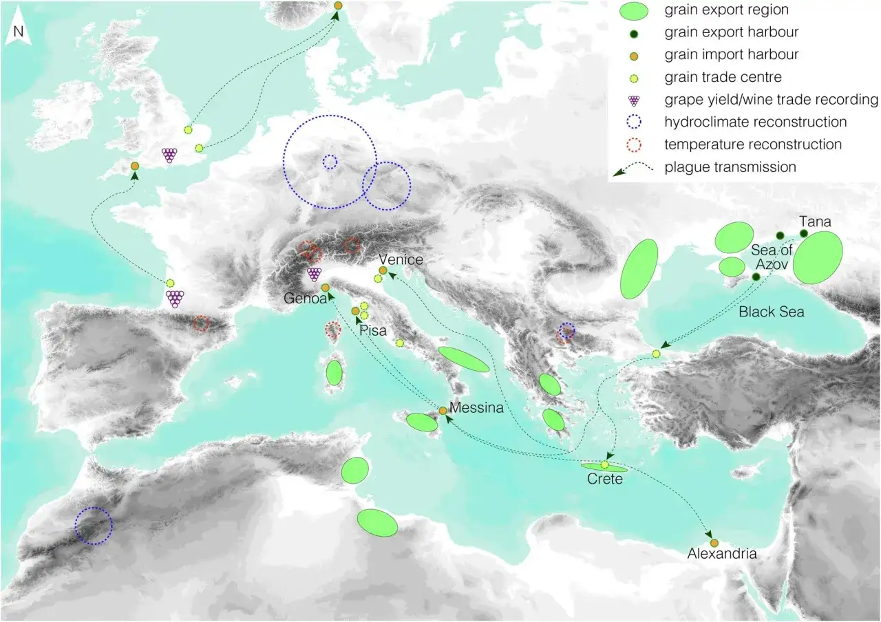 Karte zeigt Handelsrouten und Ausbreitung der Pest in Europa. Wann war die Pest in Europa? Die Pfeile deuten auf die Ausbreitung von Alexandria &uuml;ber Kreta und Messina nach Europa.
