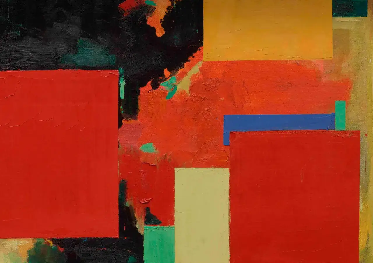 Abstrakte Komposition mit roten, gelben und blauen Rechtecken, die an Hans Hofmann erinnert.
