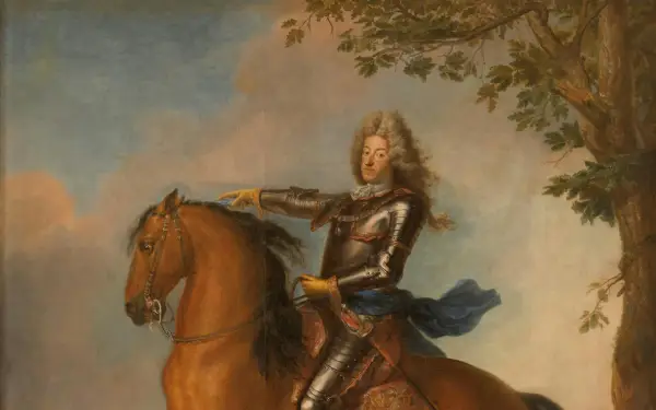 Maximilian II. Emanuel, Kurfürst von Bayern, in glänzender Rüstung auf braunem Pferd, blickt stolz in die Ferne.