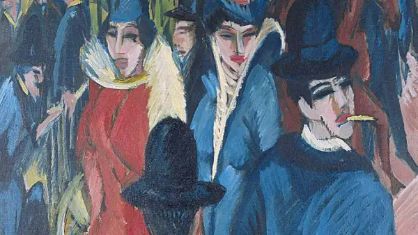 Expressionistisches Gemälde zeigt eine Gruppe von Menschen in modischer Kleidung. Ein Mann raucht, während Frauen mit auffälligen Hüten und Kragen posieren. Ein Werk, das die Debatte um ns raubkunst neu entfacht.
