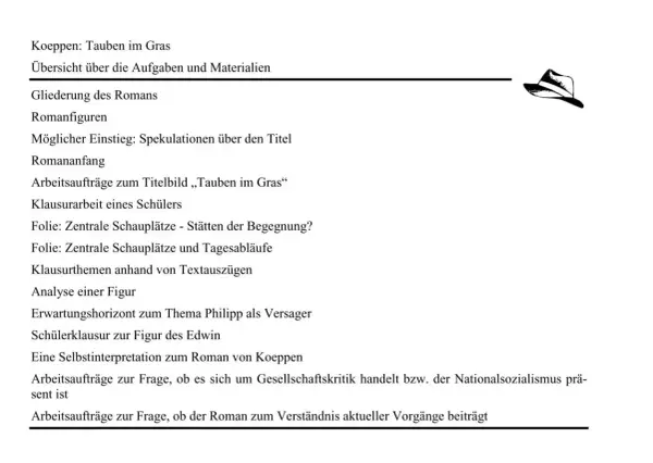 Koeppen: Tauben im Gras. Übersicht über Aufgaben und Materialien, Gliederung, Romanfiguren, Arbeitsaufträge zum Titelbild "Tauben im Gras", Klausurthemen, Analyse einer Figur.