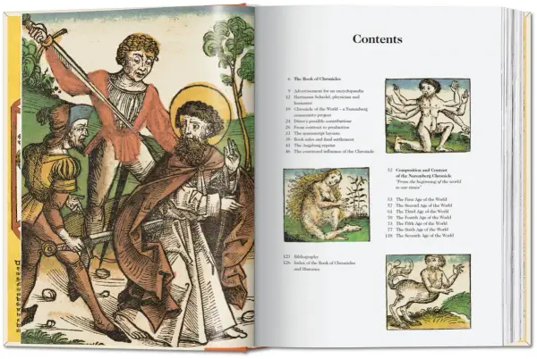 Altes Buch mit Holzschnitten, die eine Szene aus Hartmann Schedels Chronik zeigen. Der Inhalt listet Kapitel über die Weltchronik auf.