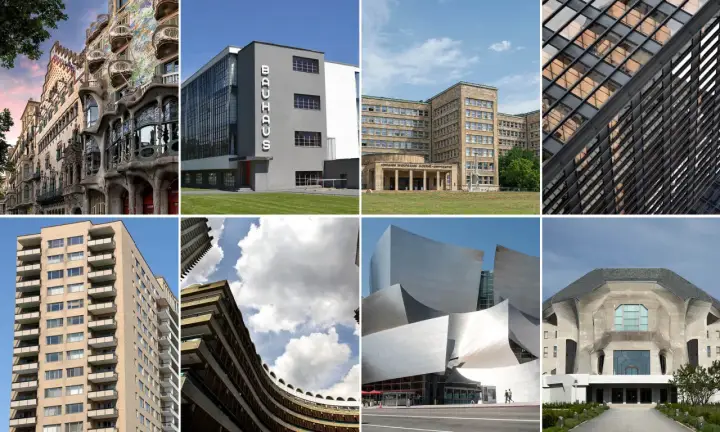 Collage zeigt verschiedene architektonische Stile, darunter Jugendstil und Bauhaus-Architektur der 1920er Jahre.