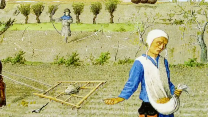 Mittelalterliche Landwirtschaft: Eine Frau sät Getreide, während im Hintergrund ein Mann mit einem Pflug das Feld bearbeitet.