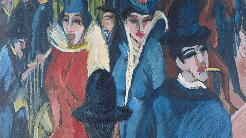 Expressionistisches Gemälde zeigt eine Gruppe von Menschen in modischer Kleidung. Ein Mann raucht, während Frauen mit auffälligen Hüten und Kragen posieren. Ein Werk, das die Debatte um ns raubkunst neu entfacht.